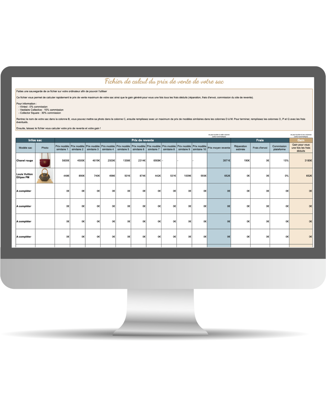 Calculateur du prix de vente d'un sac